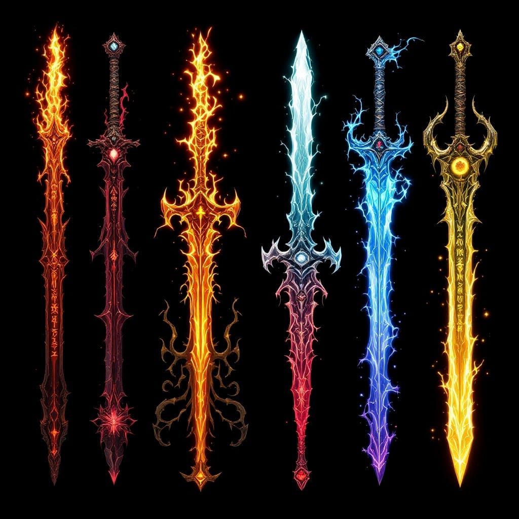 Elemental Swords in Vibrant, Cyberpunk Style