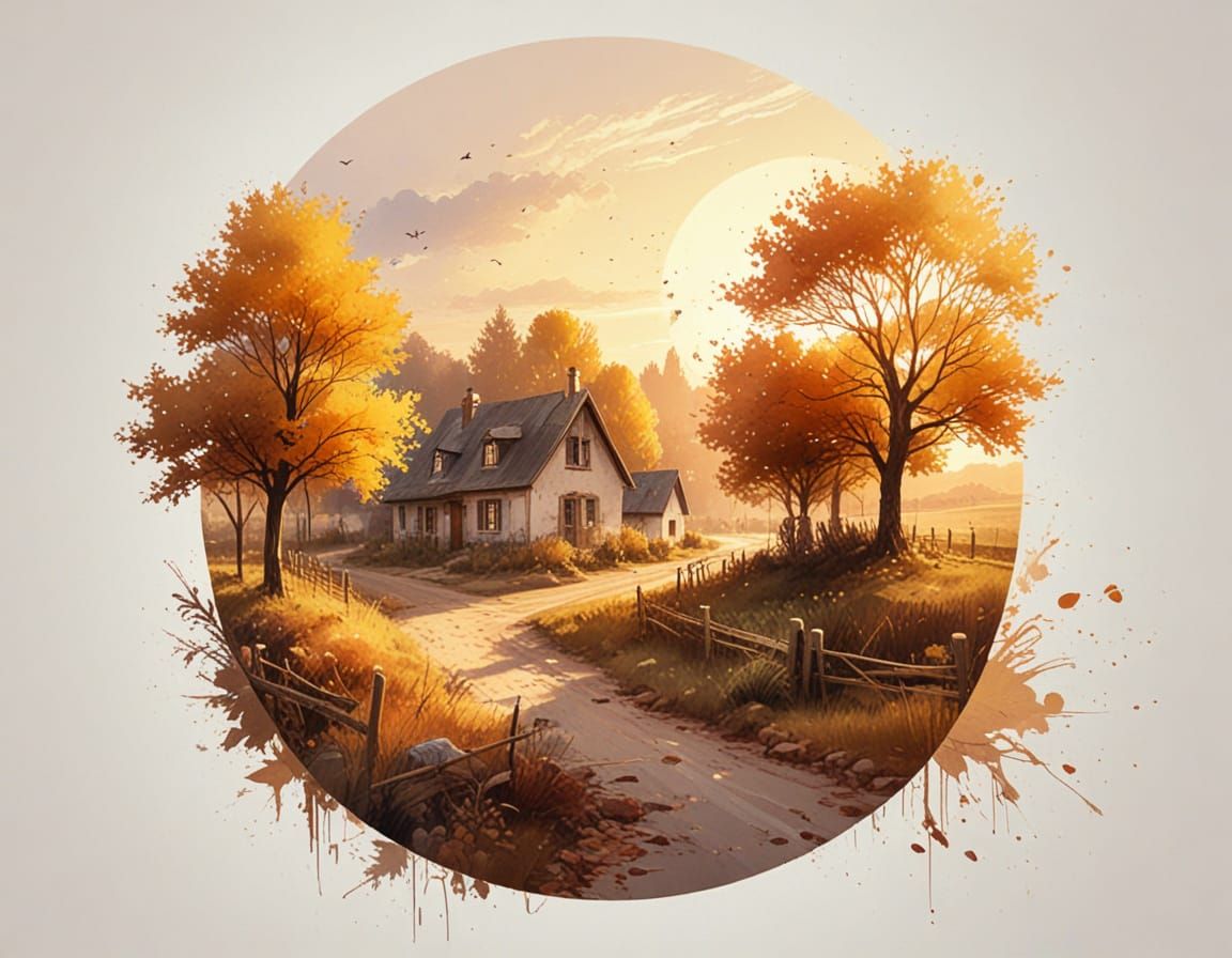 Stylized Watercolour Autumn Village Landscape