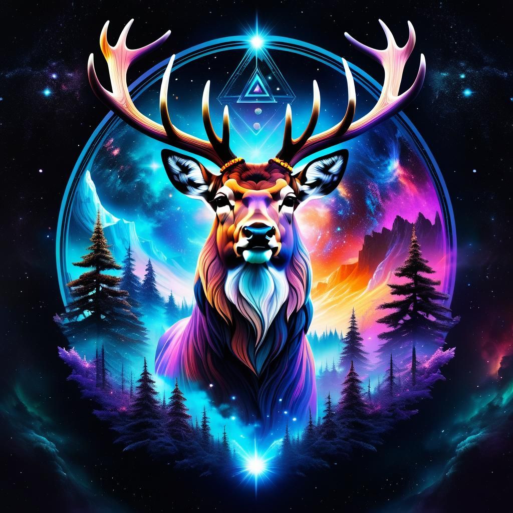Cosmic Deer with Runes in Galaxy Art
