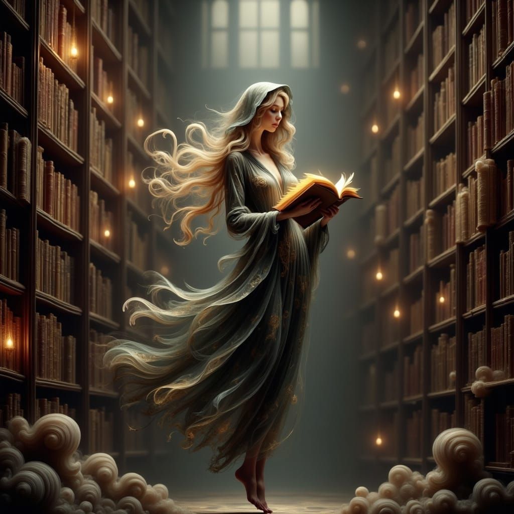 Ethereal Librarian Reads Ancient Tomes in Mystical Realm