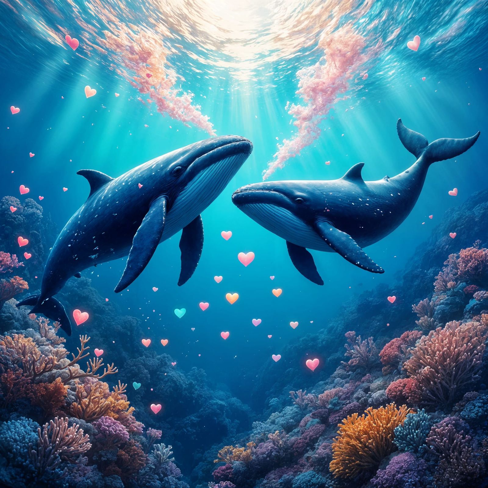 Whales Sing in Coral Reef, Digital Art Style