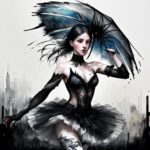 Ballerina Dancing in the Rain, Watercolor Illustration