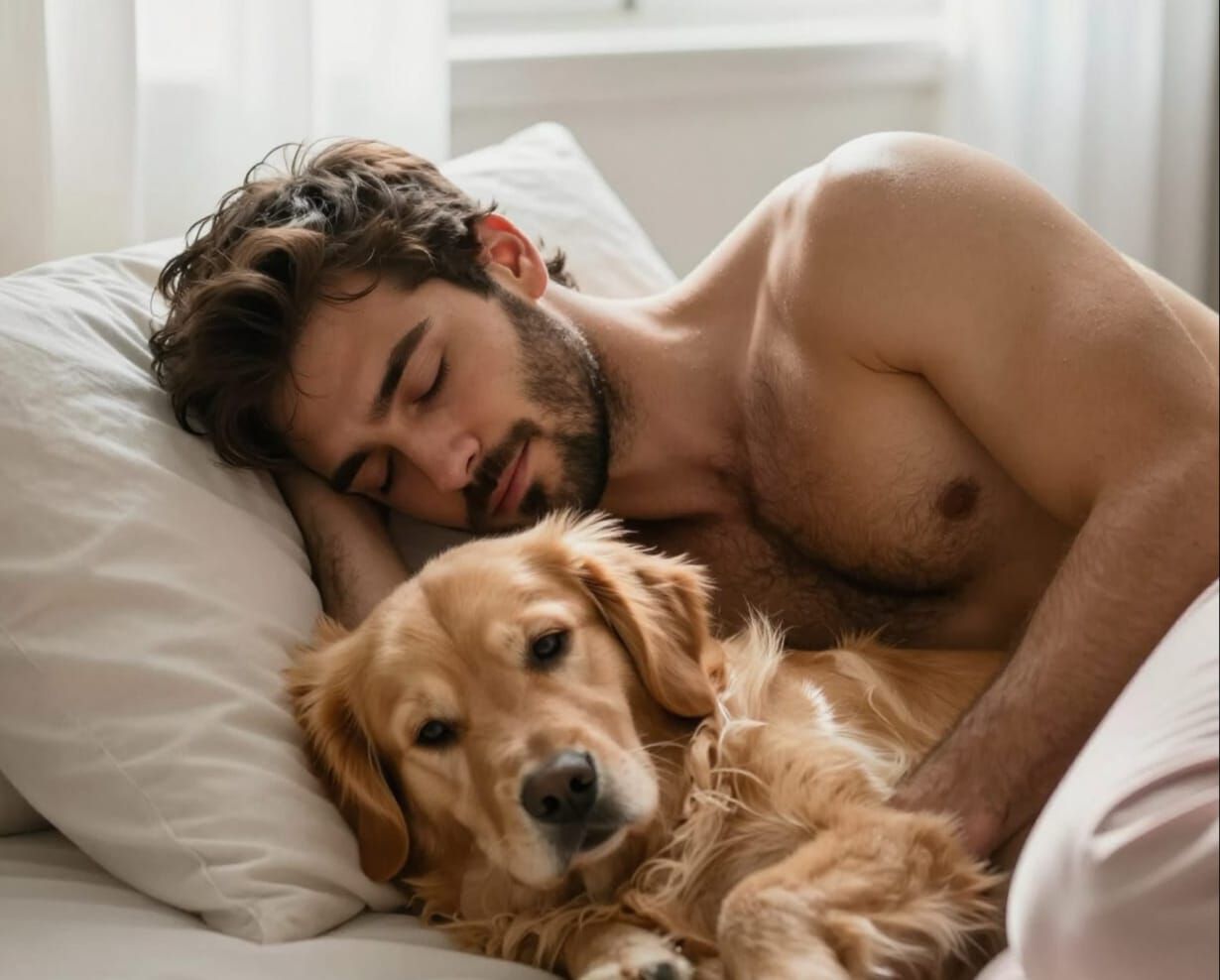 Man and Golden Retriever Sleep in Cozy Bedroom