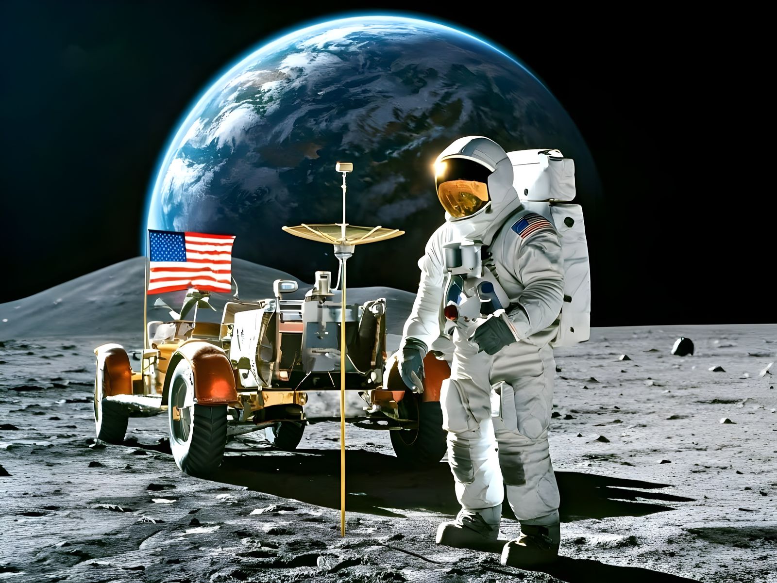 Astronaut on the Moon's Surface with Lunar Rover and America...