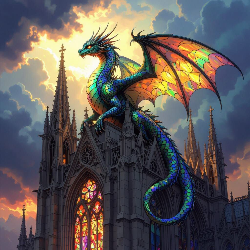 Stained Glass Dragon on Gothic Cathedral