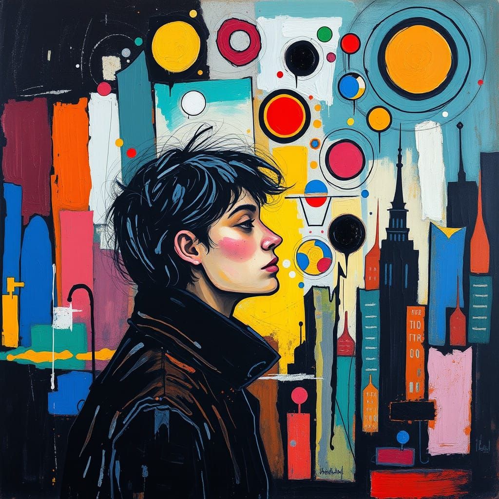 Vibrant Dreamlike Cityscape with Abstract Expressionist Geom...