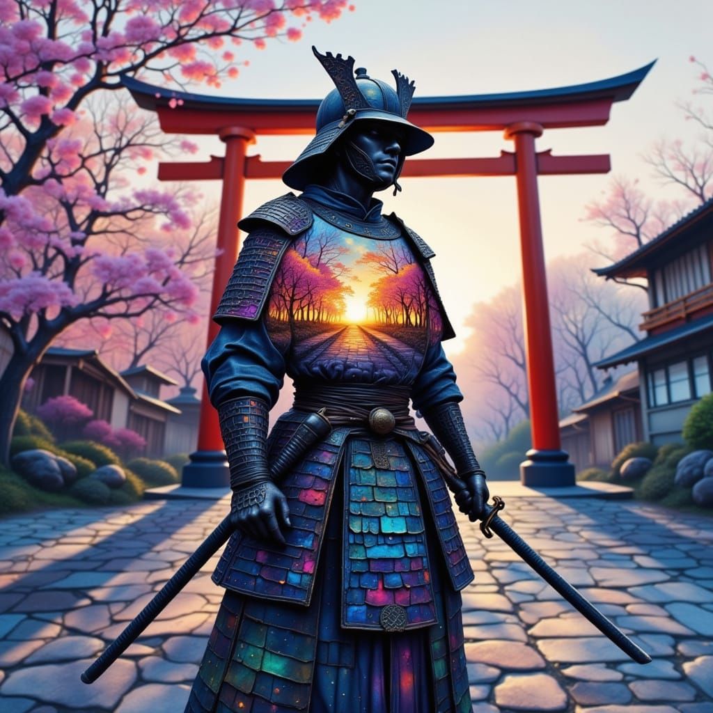 Samurai Double Exposure with Cherry Blossoms in Painterly St...