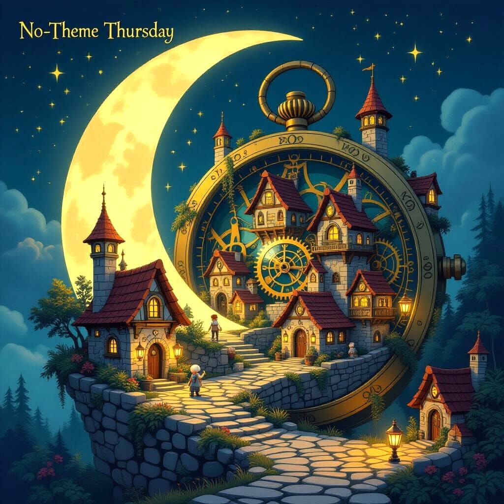 Whimsical Village in Giant Pocket Watch Fantasy Art