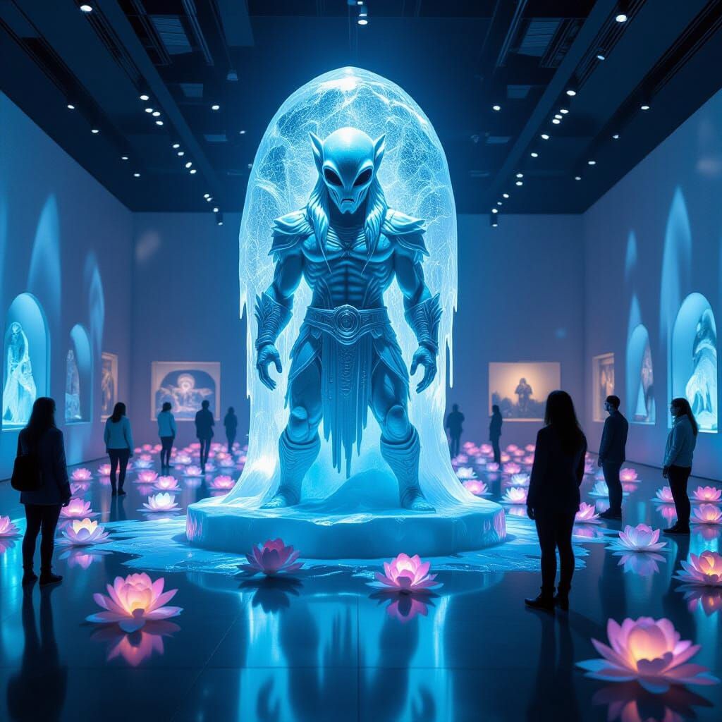 Melting Alien Ice Sculpture in Futuristic Museum