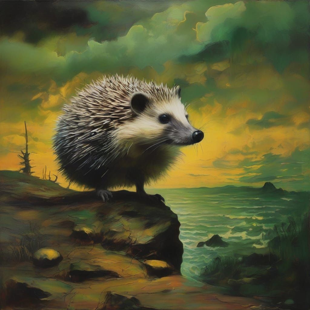 Surrealist Hedgehog Confronts Ominous Button in Eerie Landsc...