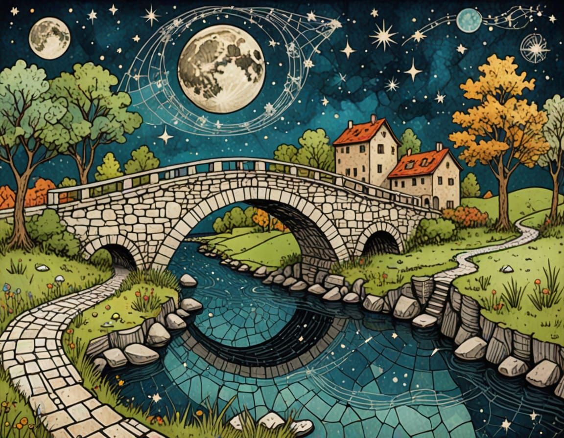 Whimsical Celestial Stone Bridge Doodle Art