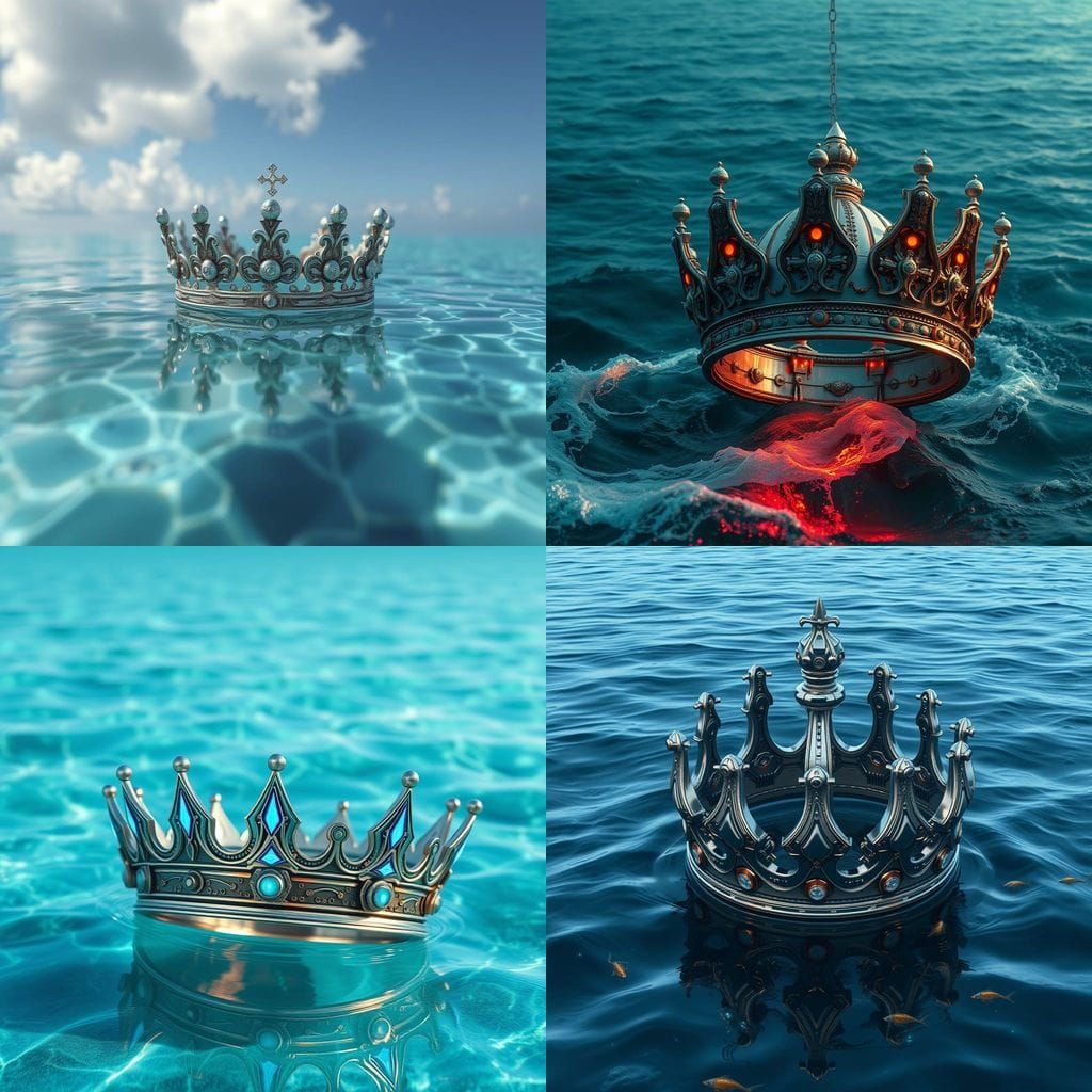 Surreal Sci-Fi Crown Drifts on Futuristic Ocean