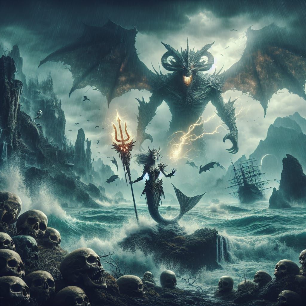 Warrior Mermaid with Dragon in Digital Matte Painting