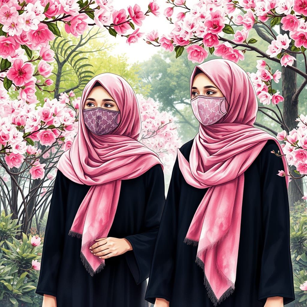 Sakura Garden Walk: Hijab Ladies in Digital Watercolor