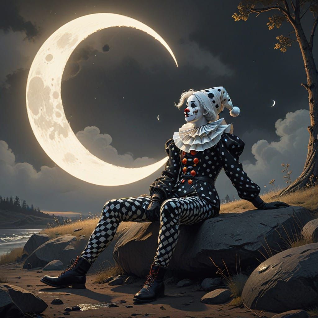 Moonlit Pierrot in Felt Fabrics and Black Diamond Pattern