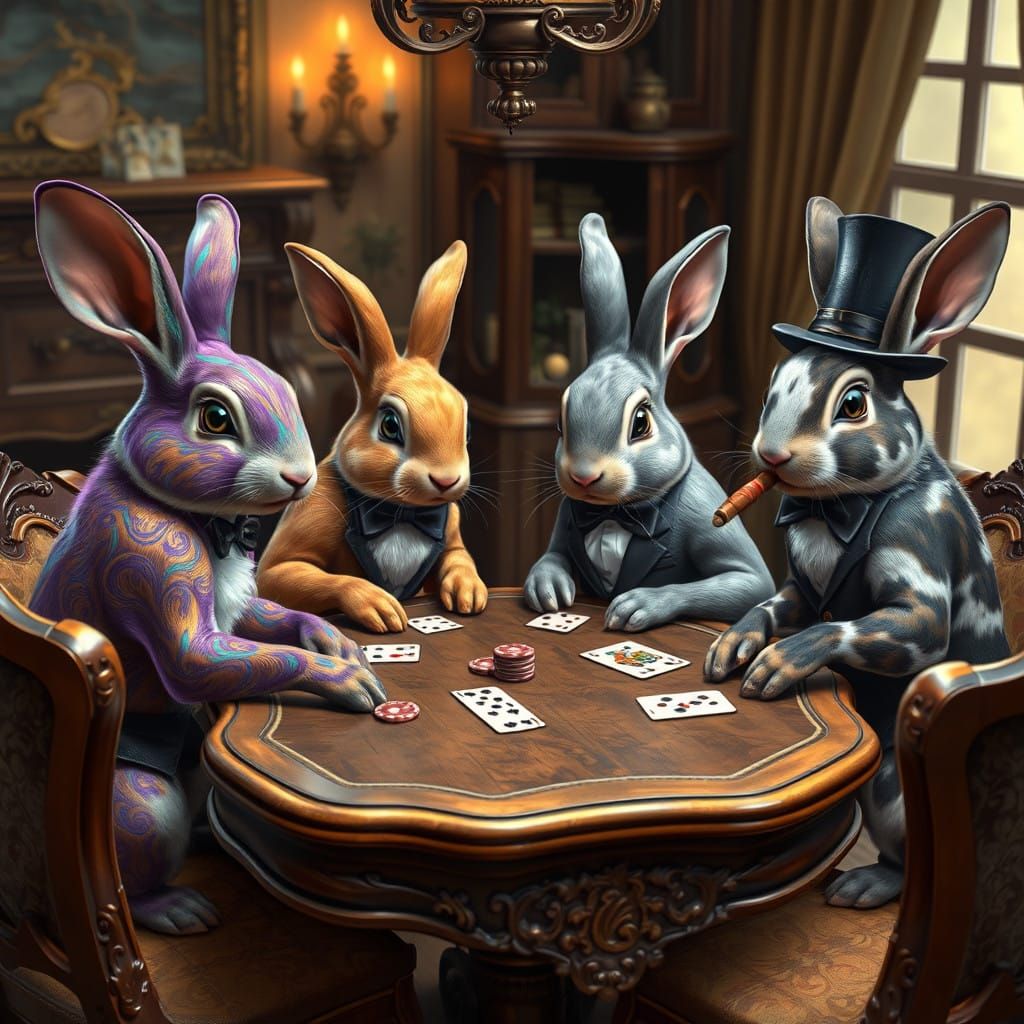 Four Fancy Rabbits Engage in High-Stakes Poker in a Cozy, Or...