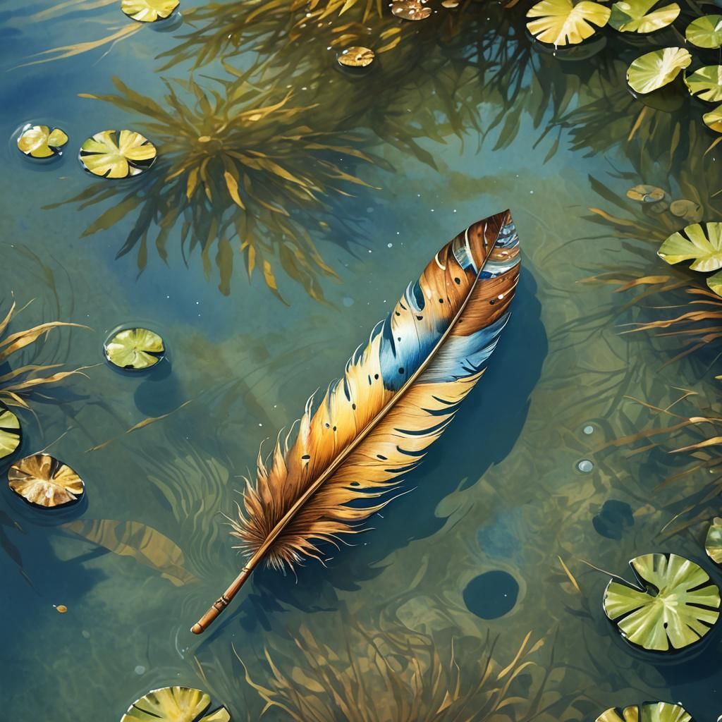 Feather Floating on a Pond in Watercolor Style