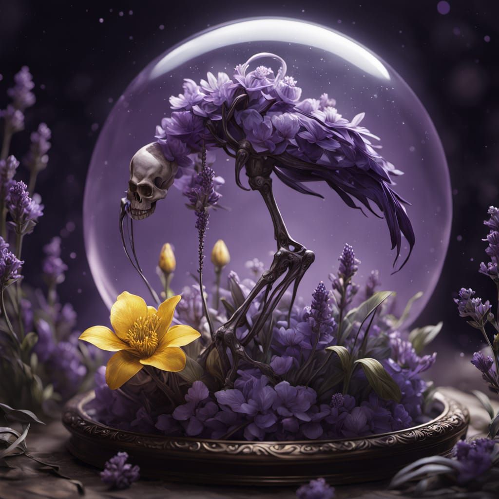 Hyperrealistic Gothic Snow Globe Art with Skeleton Crane and...