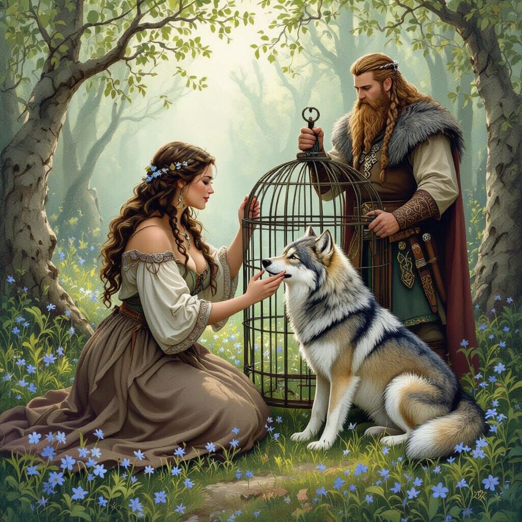 Nordic Woman and Wolf in Musical Forest