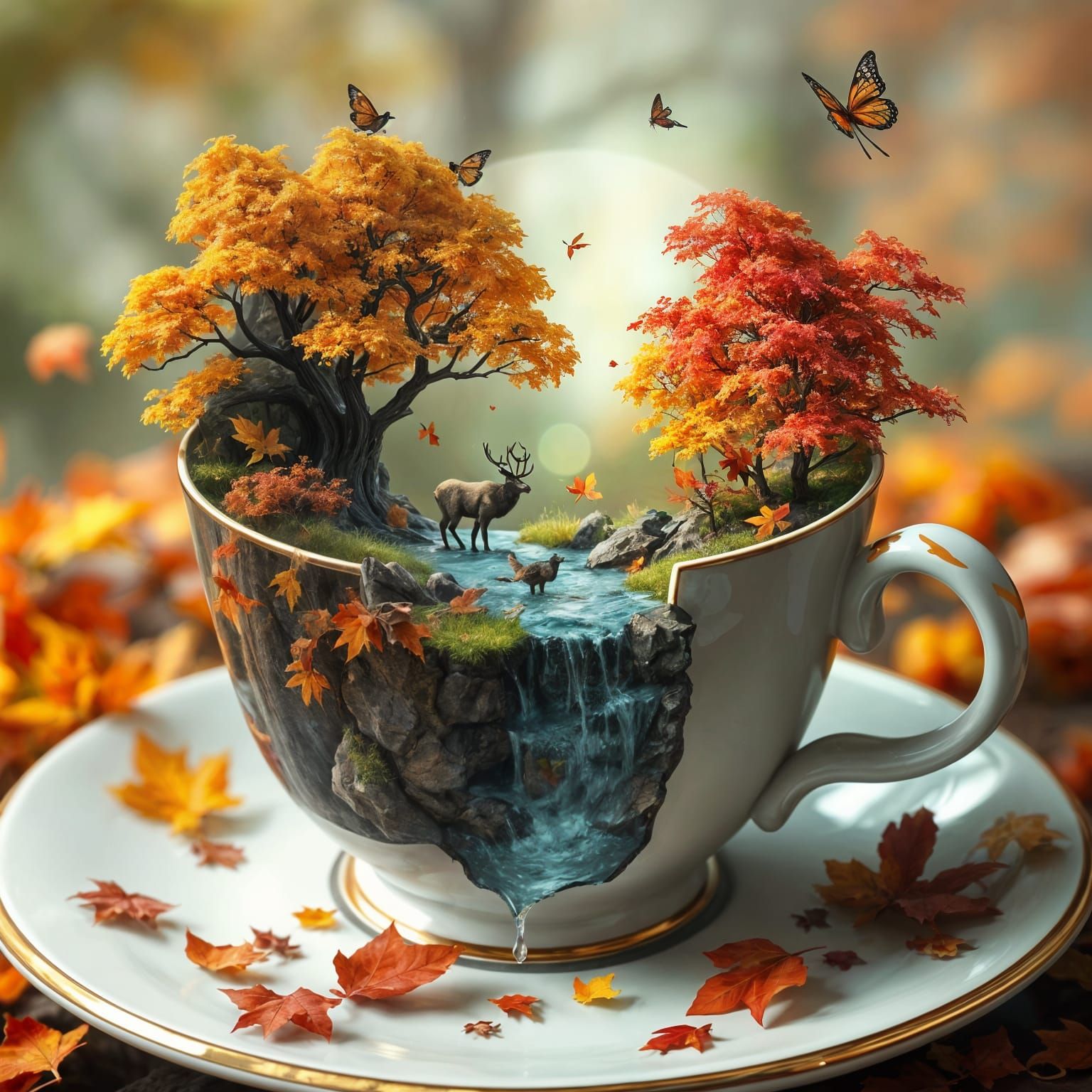 Autumn Forest Teacup Scene with Waterfall and Wildlife
