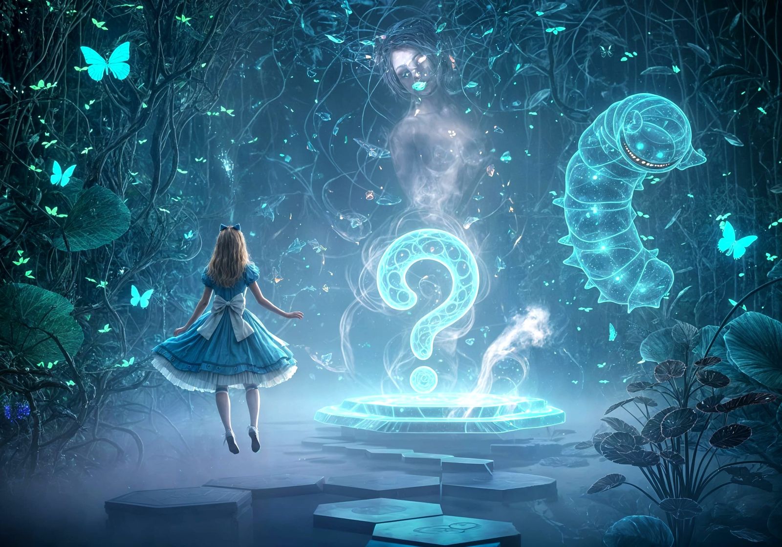 Alice in Holographic Dream Garden with Cheshire Cat