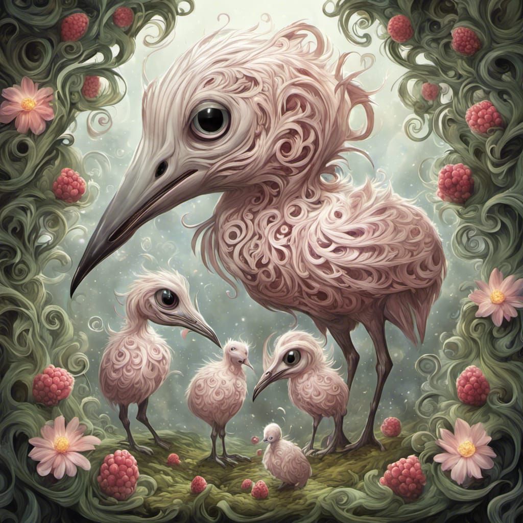 Alien Stork Mother and Babies: Dark Fantasy Concept Art