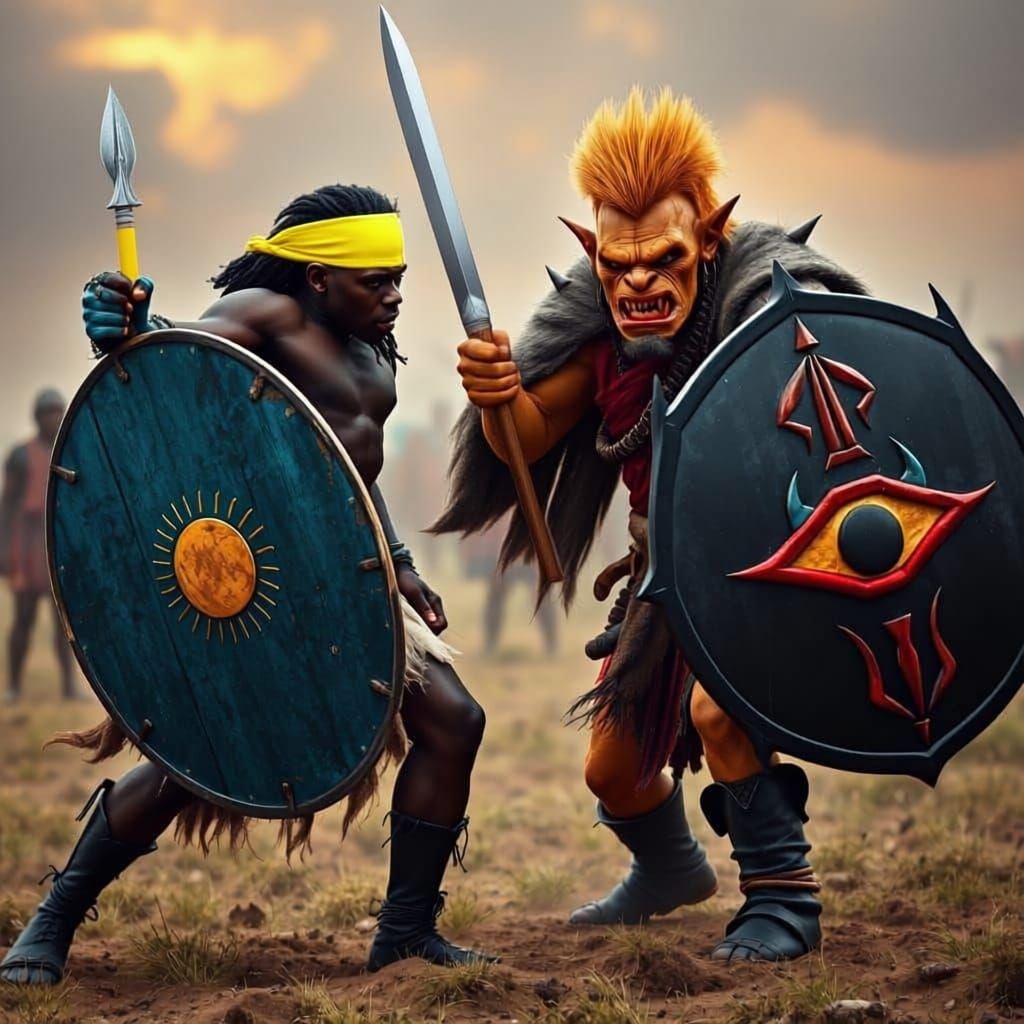 African Warrior Battles Orc on Savanna Battlefield