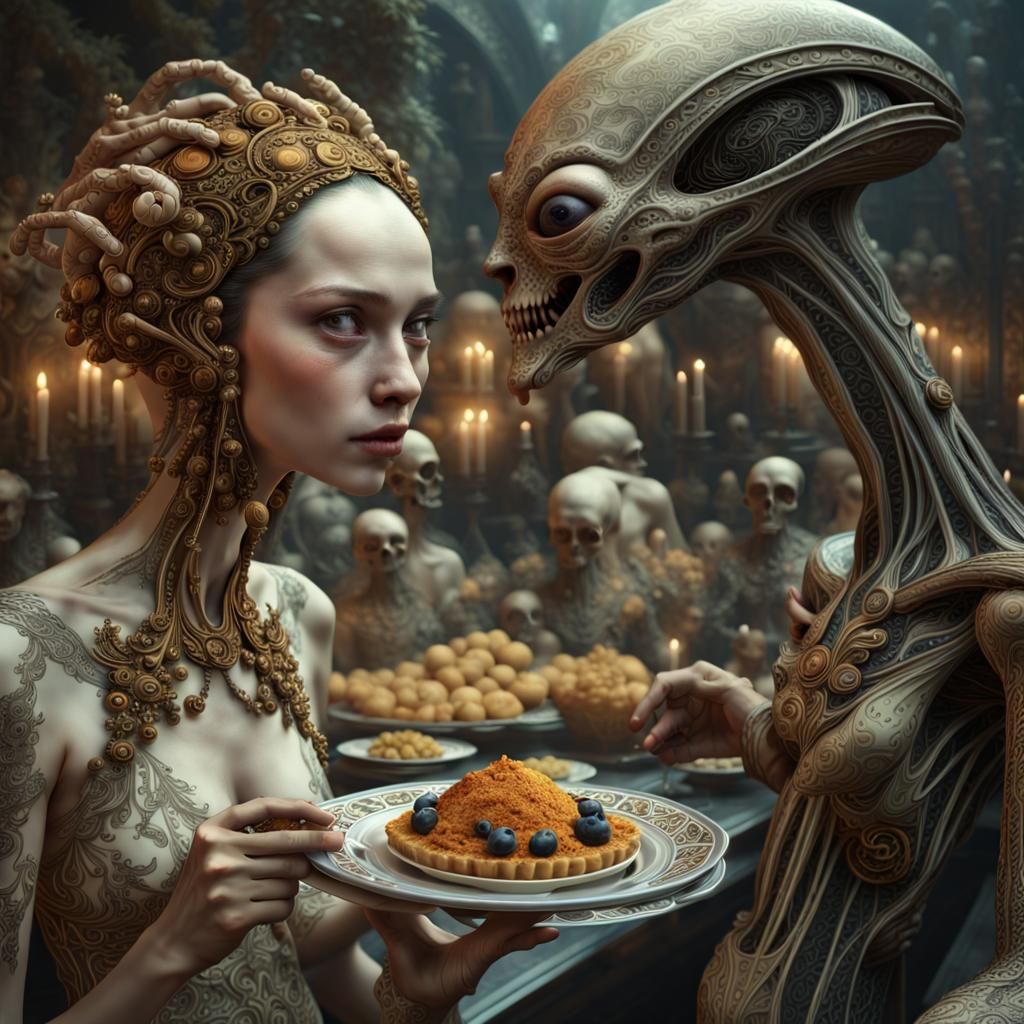 Dreamlike Alien Feast in Hyperrealistic Style