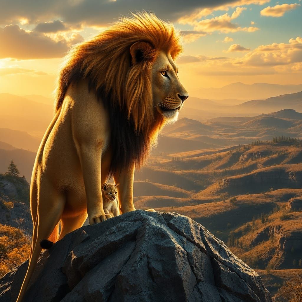 Lion and Cub Overlook Valley in Hyperrealistic Style