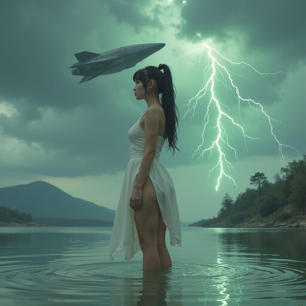 Woman in Lake with Green Lightning, in Futuristic Style