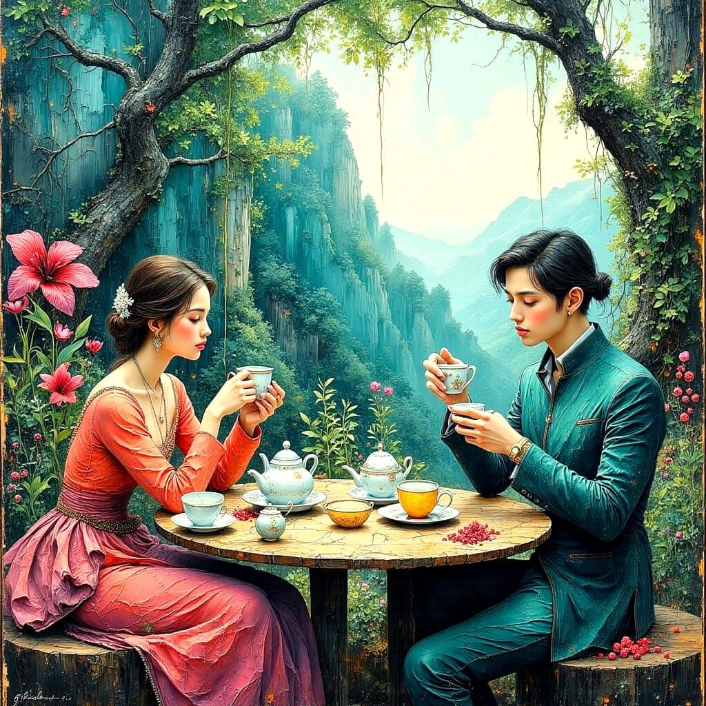 People Drinking Tea in Impasto Oil Painting Style