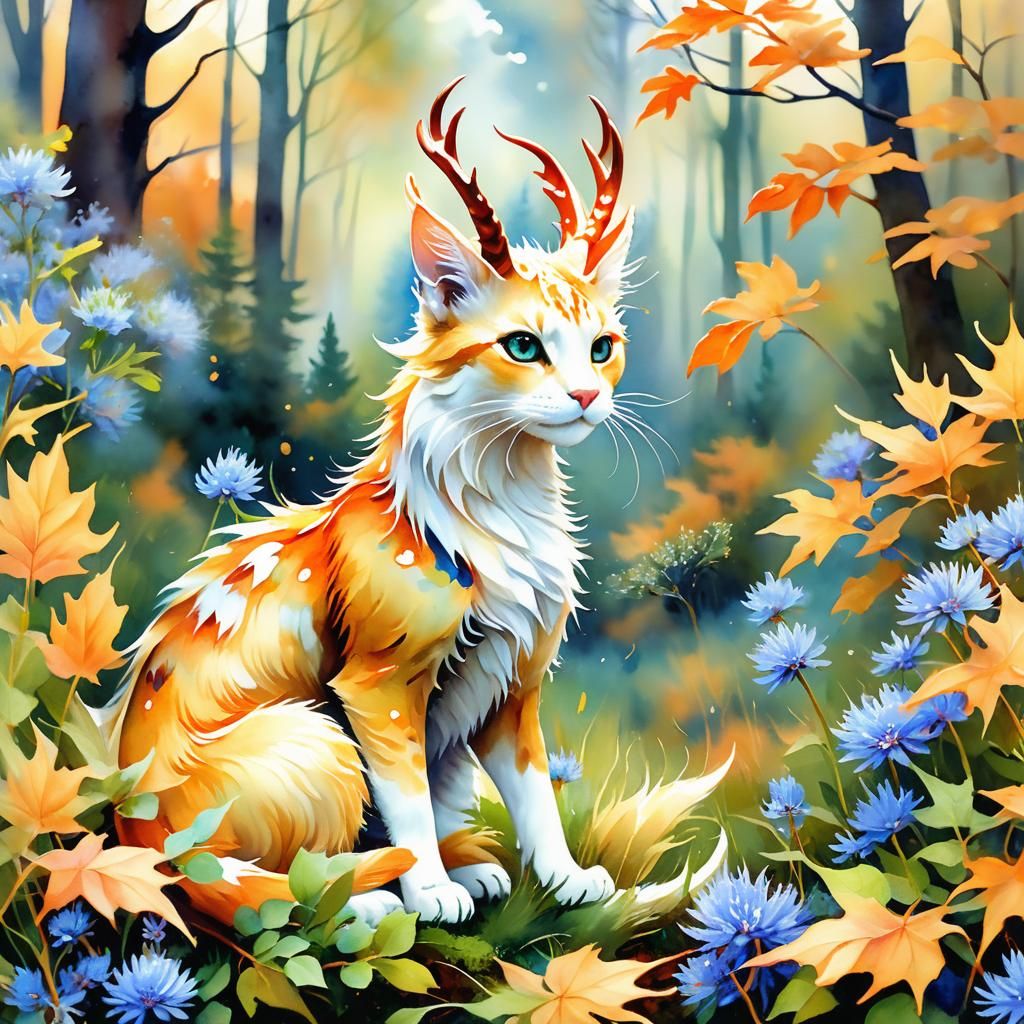 Dragon-Cat in Autumn Forest: Aquarelle Painting
