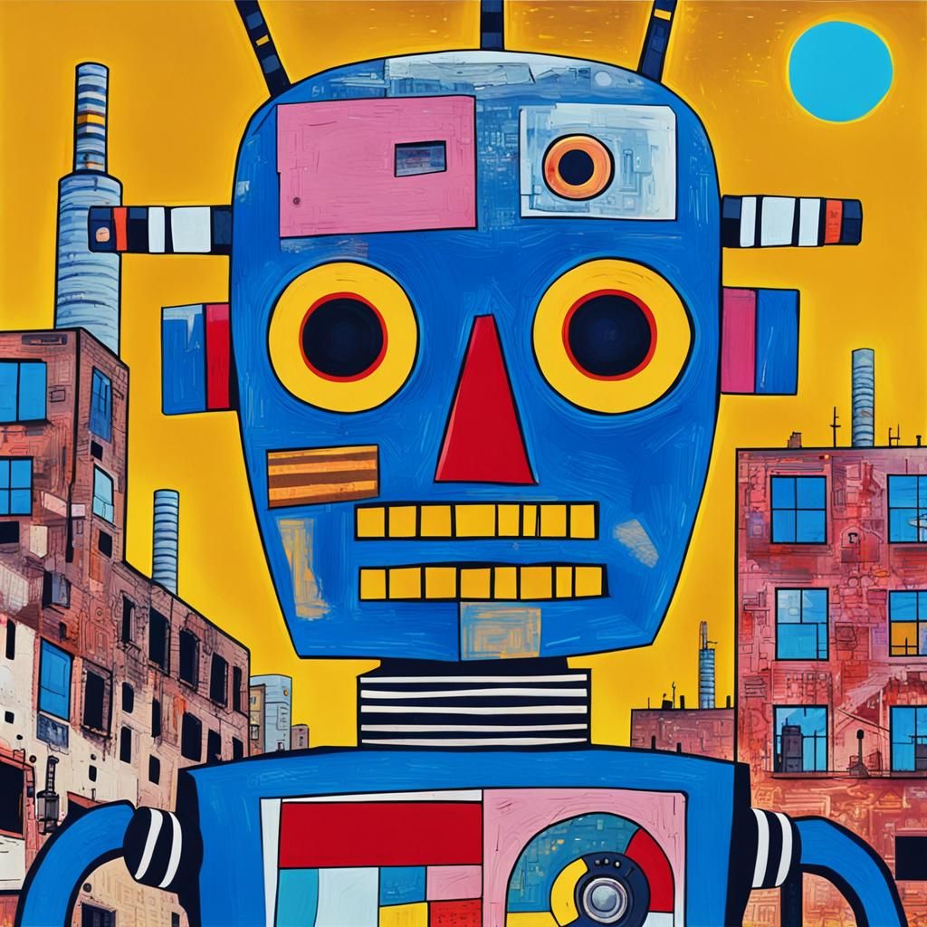 Cyborg Robot in Industrial Landscape: Psychedelic Mixed Medi...