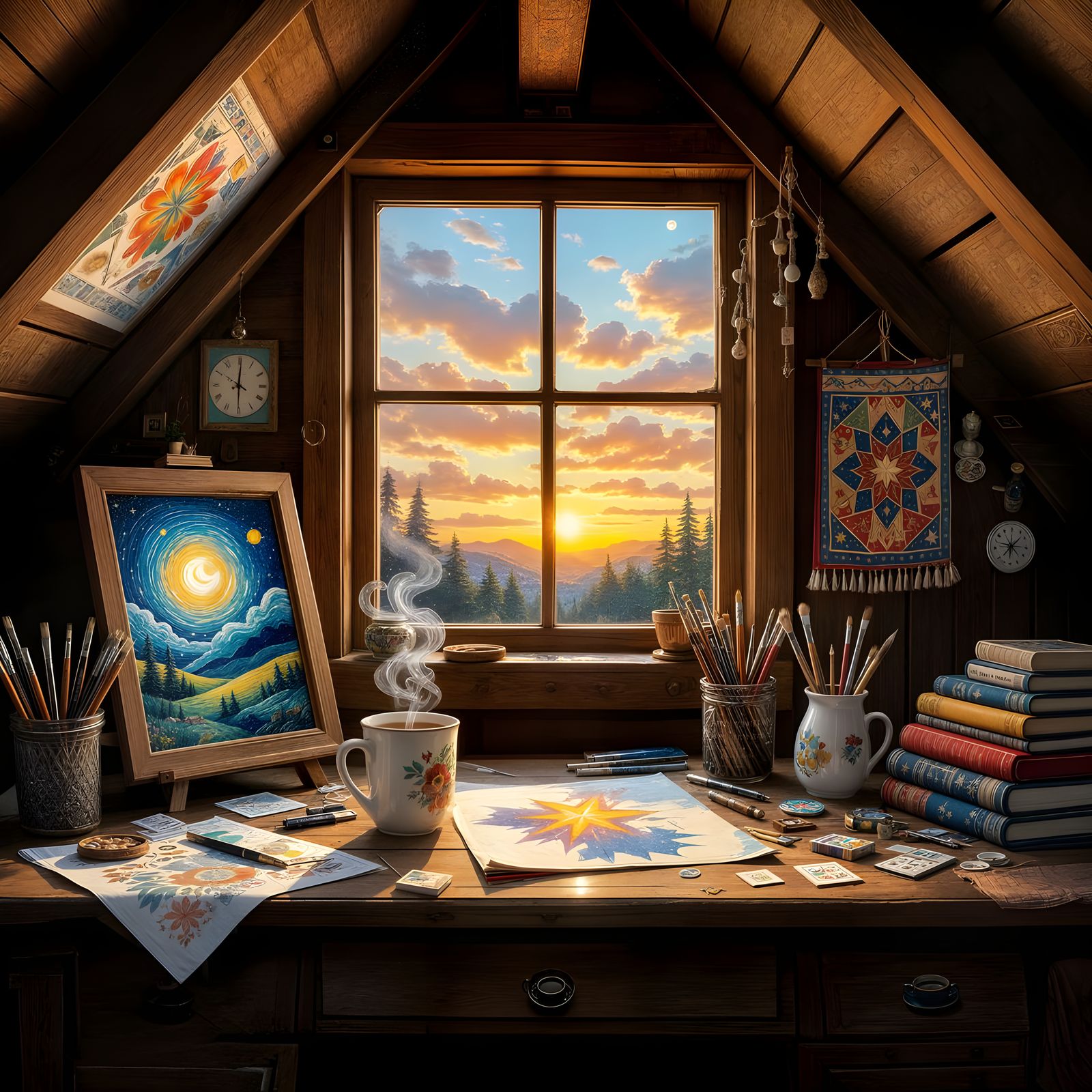 Cozy Attic Bedroom at Sunset: A Digital Painting