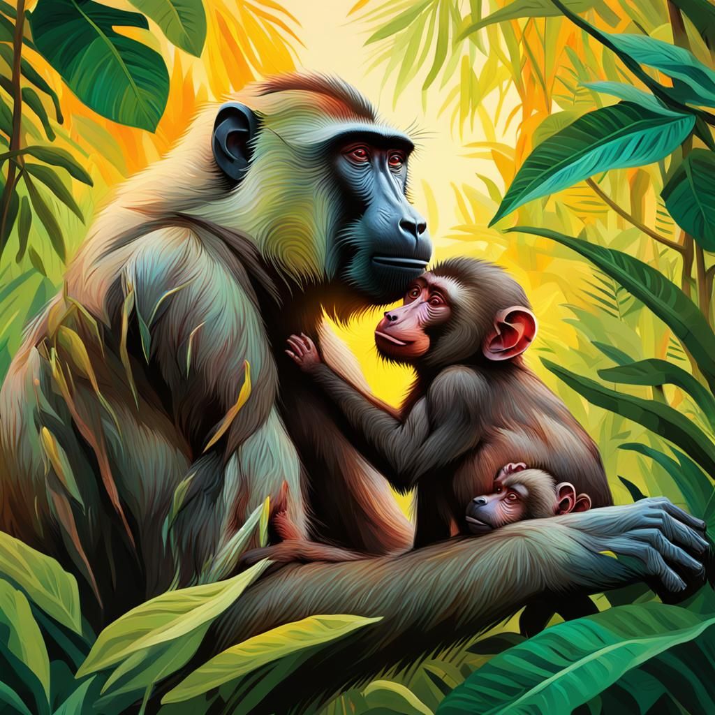Baboon and Baby in Jungle, Rousseau-Inspired Illustration