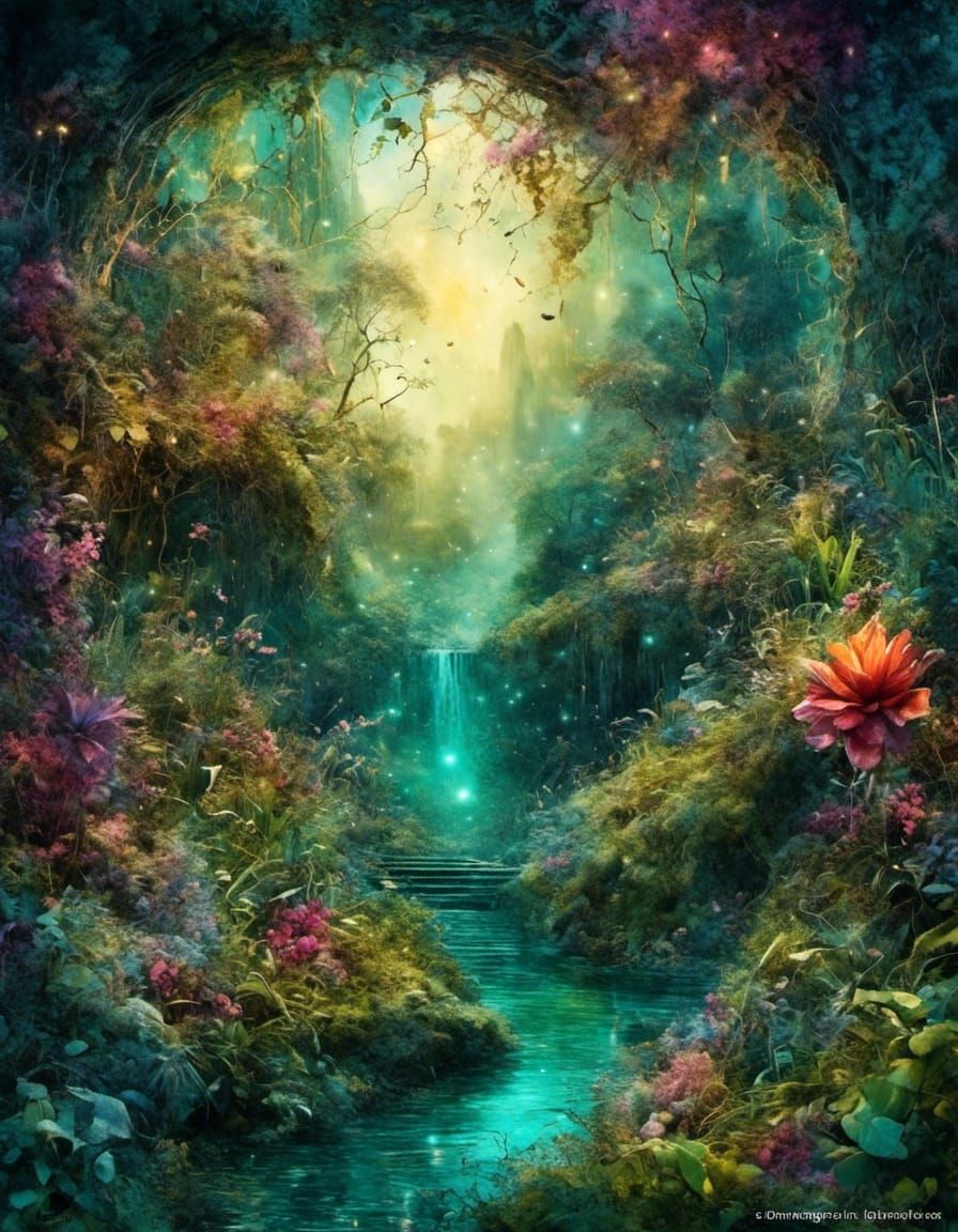 Lush Fantasy Paradise in Hyperrealistic Alcohol Ink