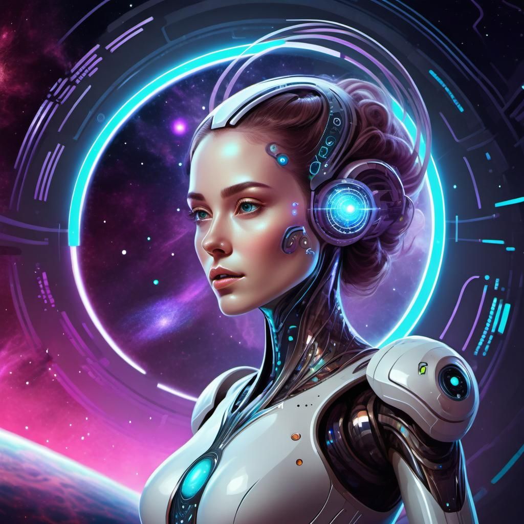 Android Woman in Cosmic Space Portal Illustration