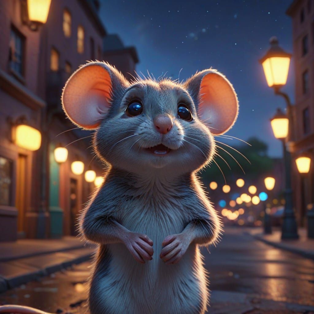 Adorable Mouse Confused in City, Pixar Style