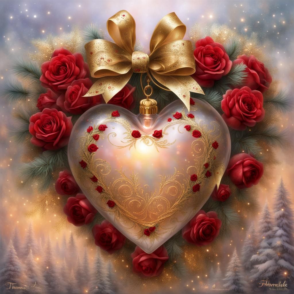 Glass Heart with Roses and Gold Sequins