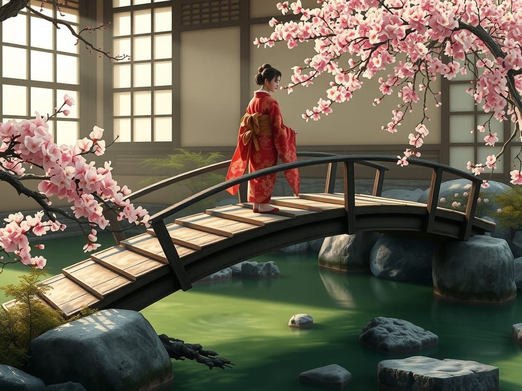 Zen Garden: Kintsugi Bridge with Kimono Woman