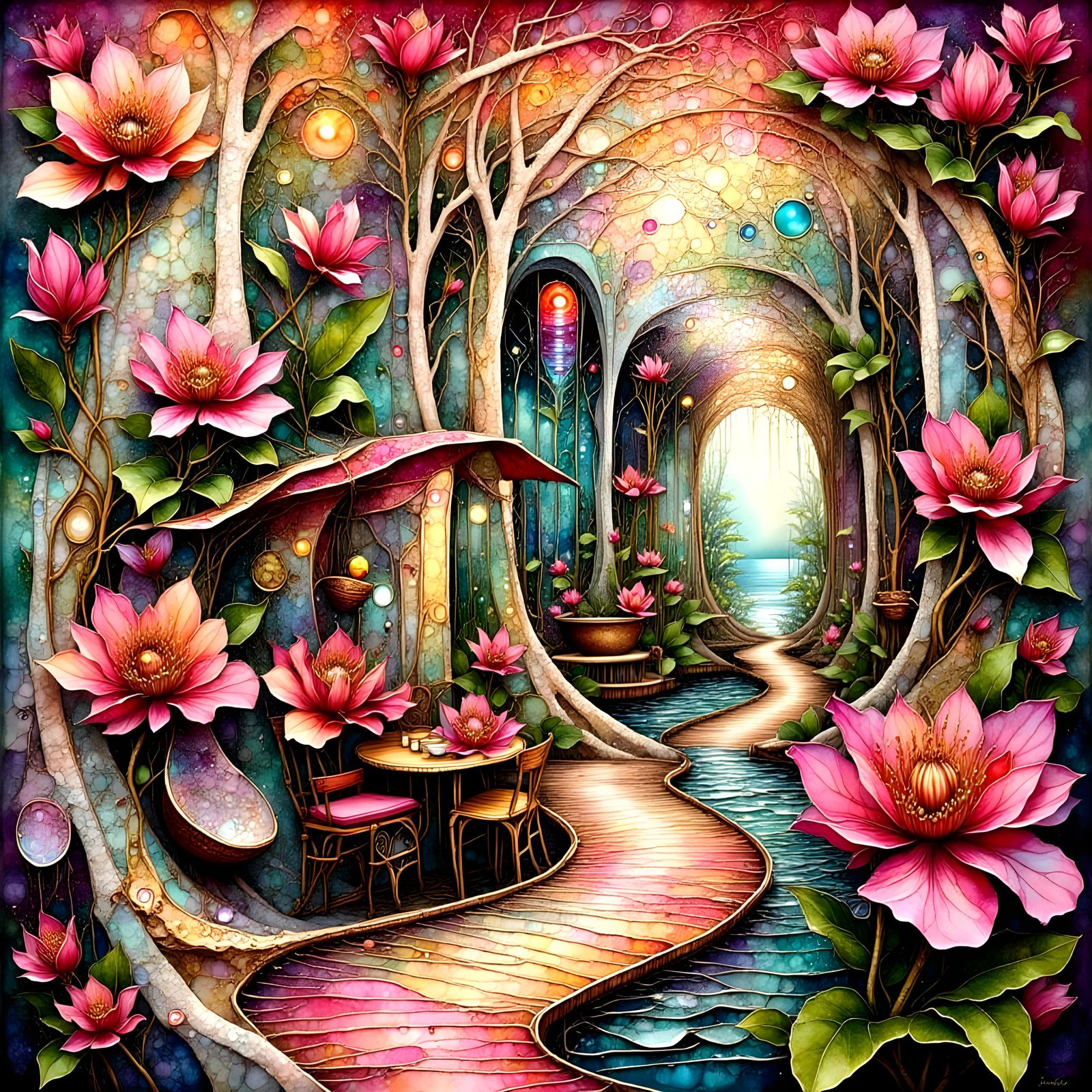 Surreal Eco-Shack in Dahlia Forest, Fractal Art Style