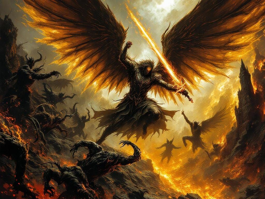 Archangel Fighting Demons in Gothic Dark Fantasy Style