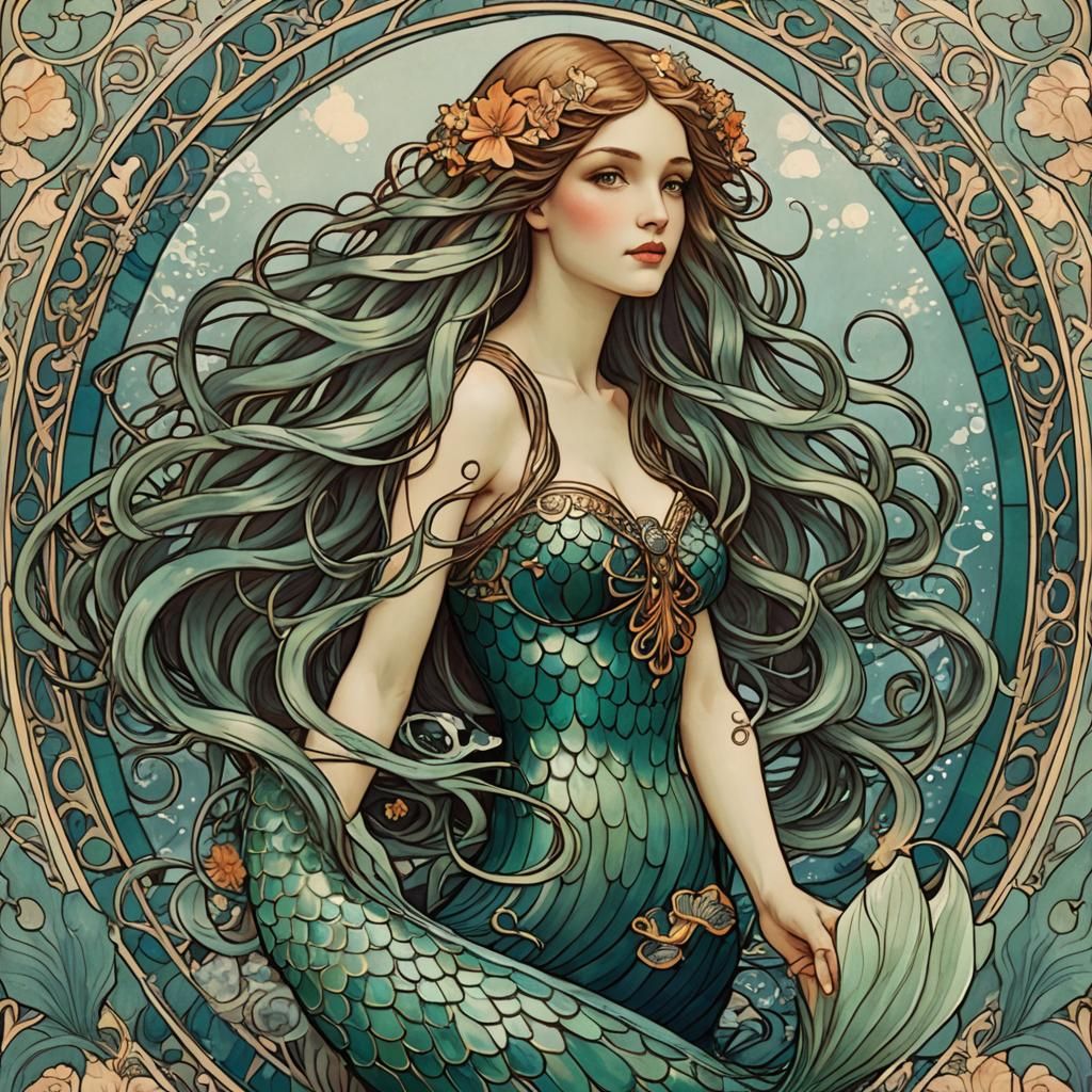 Art Nouveau Mermaid with Flowing Hair