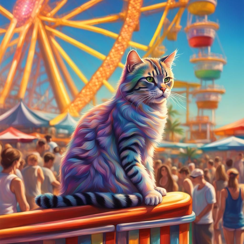 Hyperrealistic Cat at Beach Ferris Wheel