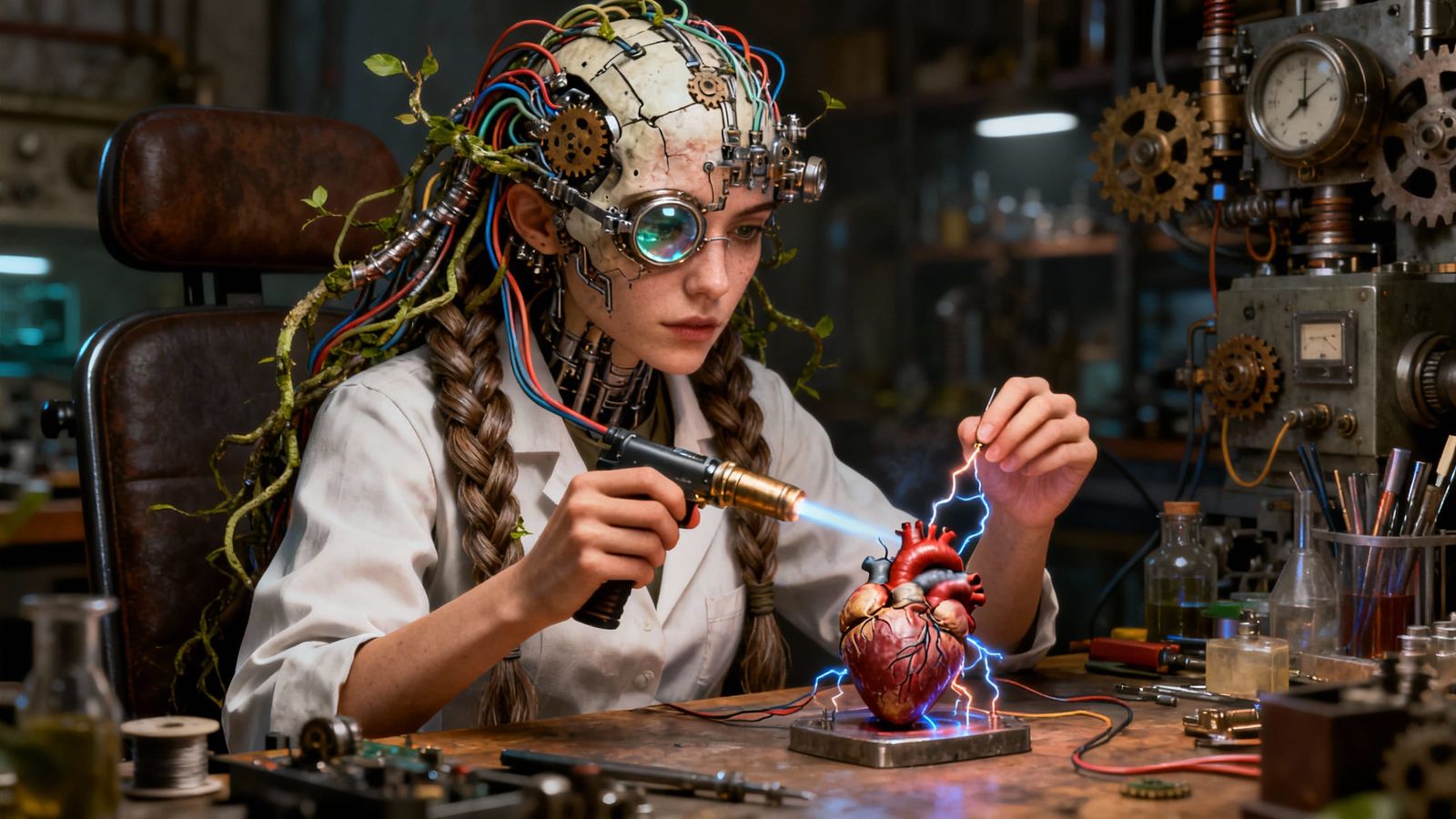 Surreal Scientist Crafts Electrical Heart, Blending Nature a...