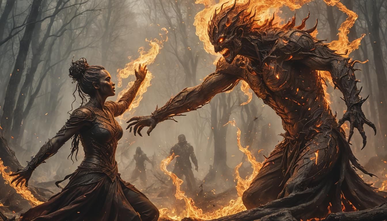 Dynamic Fire Elemental Interacts with Human Figure