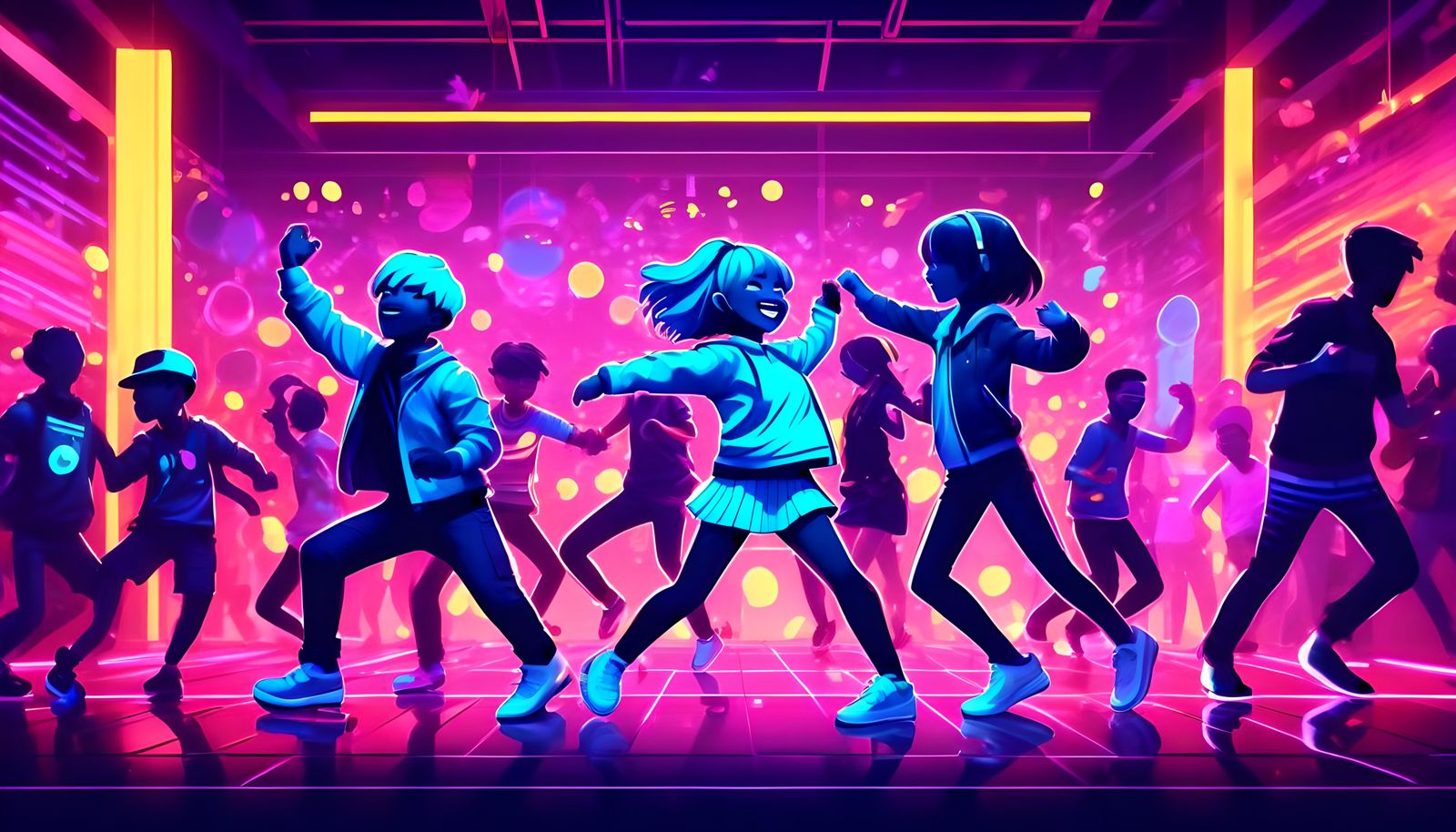 Joyful Chibi Dance Party in Neon Cyberpunk Style