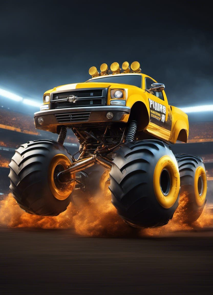 Golden Trophy with Flaming Monster Trucks: Digital Art