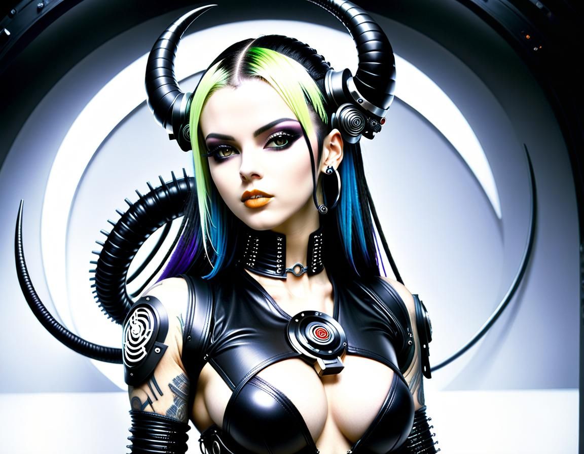 Cybergoth Woman with Tattoos in Biomechanical Style