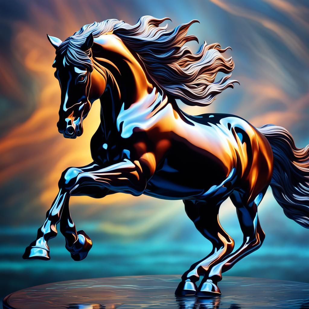 Glass Horse Sculpture Galloping in Colorful Landscape